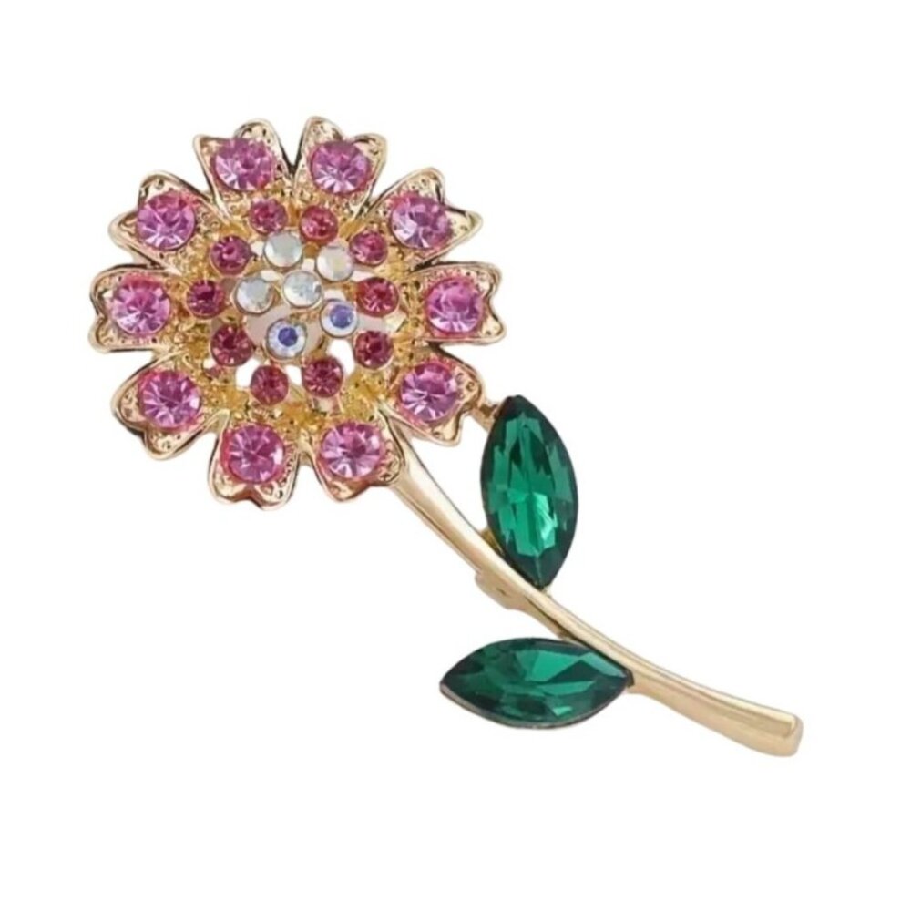 Gold-Tone Pink & Green Crystal Flower Brooch Pin